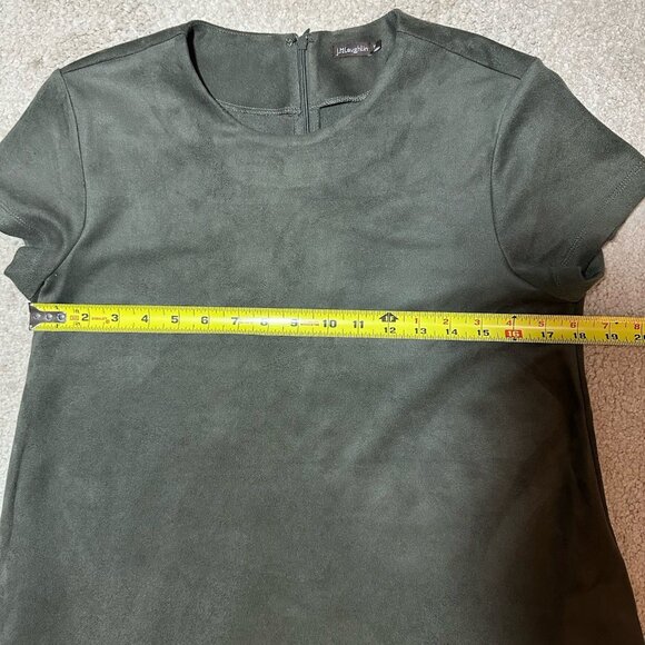 J McLaughlin Swing Dress Cap Sleeve Olive Green Faux Suede Size M Pockets - Picture 11 of 15